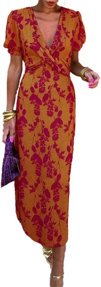 Women's Boho Floral Printed V Neck Maxi Dress Summer Puff Short Sleeve Elegant Prom Bodycon Dresses