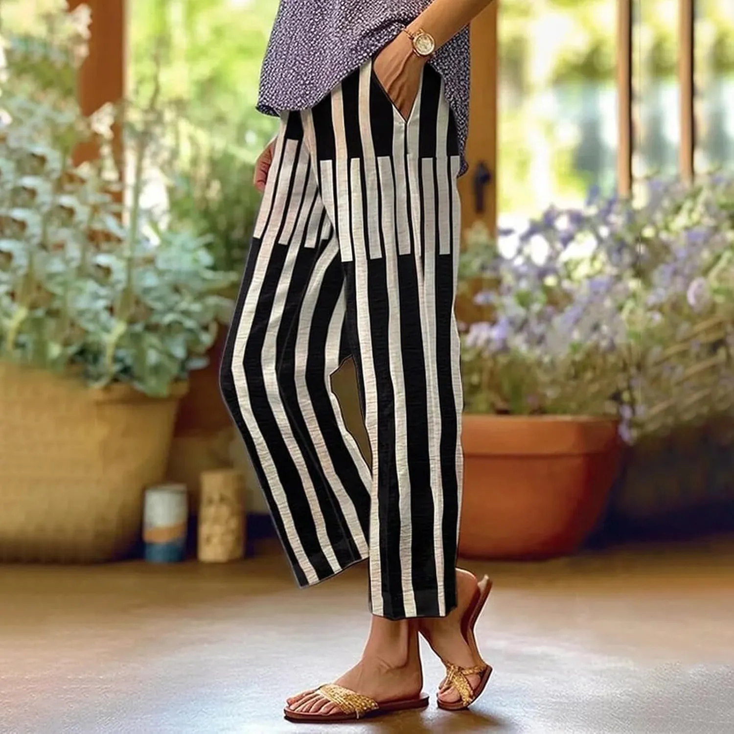 Womens Boho Linen Capris Pants Elastic Waist Drawstring Loose Leg Cropped Trousers Summer Beach Outfits