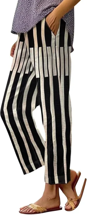 Womens Boho Linen Capris Pants Elastic Waist Drawstring Loose Leg Cropped Trousers Summer Beach Outfits