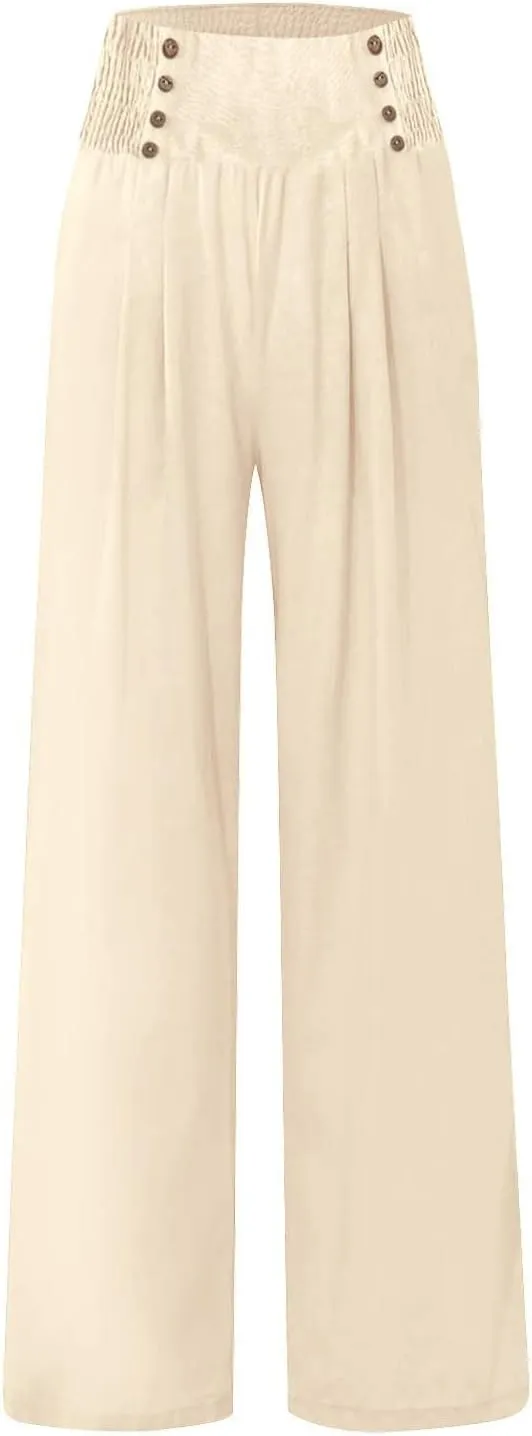 Womens Button Elastic Waisted Linen Trousers Summer Solid Color Casual with Pockets Outing Capris Length Pants 2025