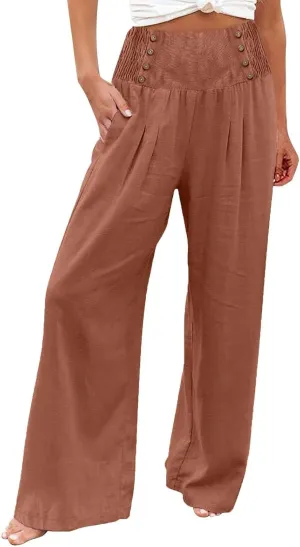 Womens Button Elastic Waisted Linen Trousers Summer Solid Color Casual with Pockets Outing Capris Length Pants 2025