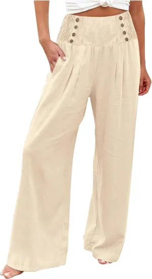 Womens Button Elastic Waisted Linen Trousers Summer Solid Color Casual with Pockets Outing Capris Length Pants 2025
