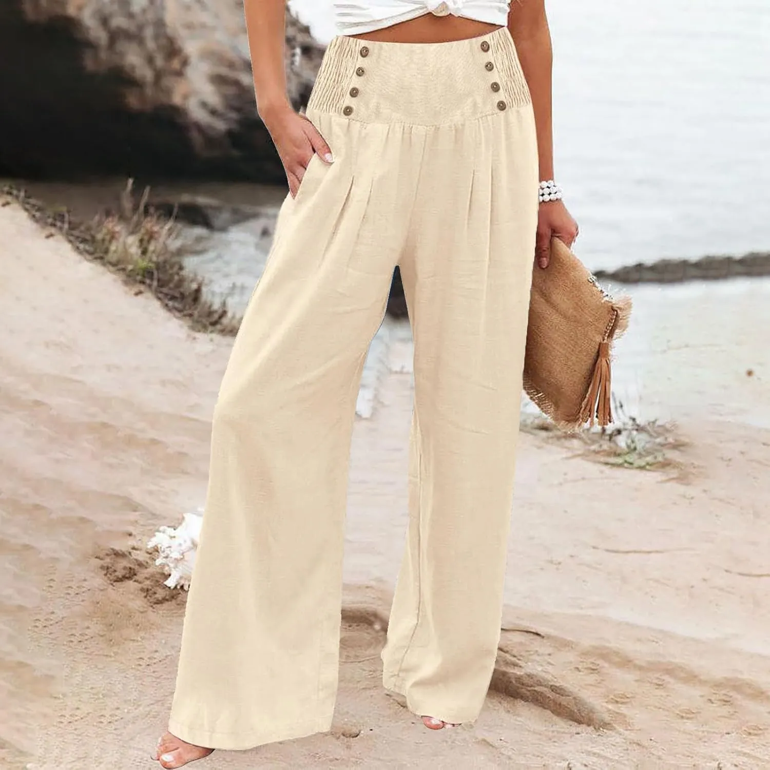 Womens Button Elastic Waisted Linen Trousers Summer Solid Color Casual with Pockets Outing Capris Length Pants 2025