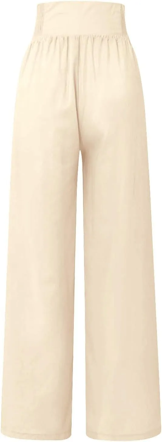 Womens Button Elastic Waisted Linen Trousers Summer Solid Color Casual with Pockets Outing Capris Length Pants 2025