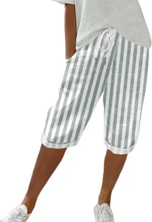 Womens Capris for Summer Cotton Linen Pants Casual Striped Loose Comfy Elastic Waist Cropped Trouser Beach Clothes