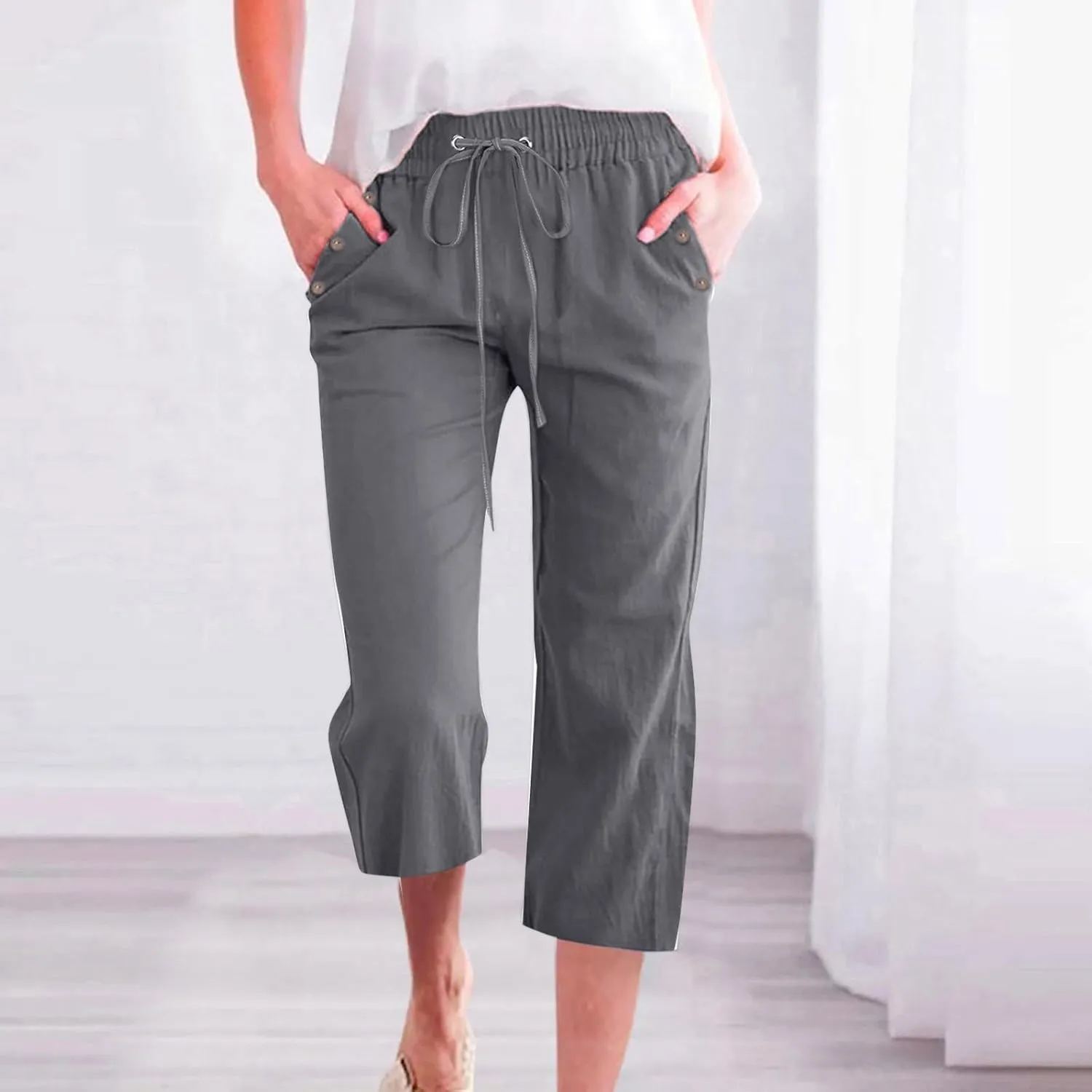 Womens Capris Solid Pants Cotton Linen Casual Summer Plus Size Wide Leg Loose Drawstring Elastic Waist Cropped Trouser