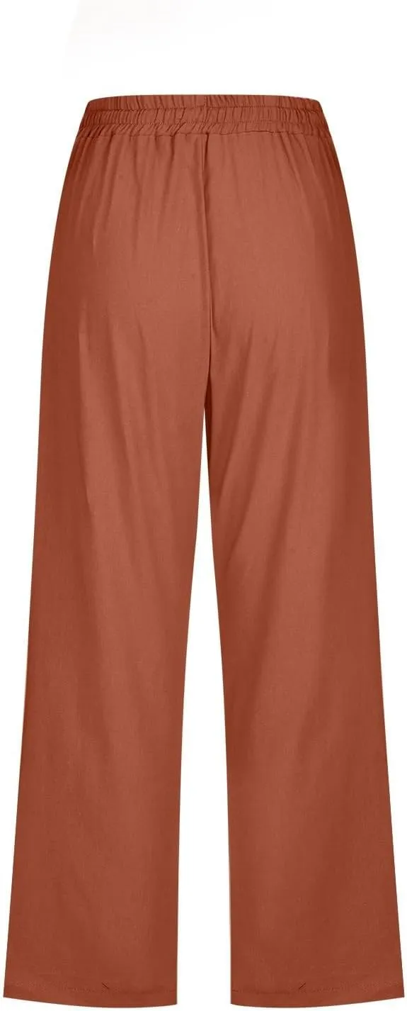 Womens Capris Solid Pants Cotton Linen Casual Summer Plus Size Wide Leg Loose Drawstring Elastic Waist Cropped Trouser