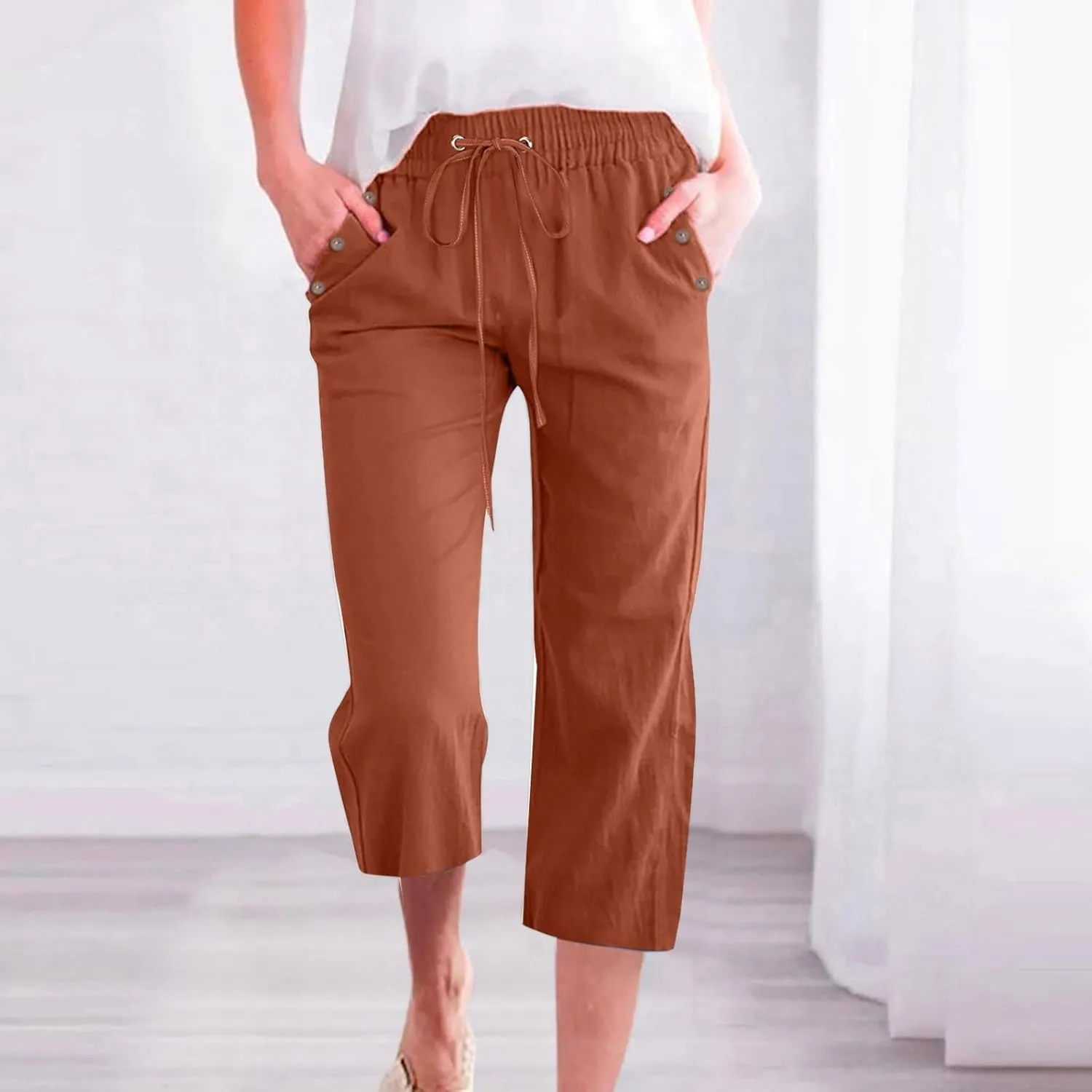 Womens Capris Solid Pants Cotton Linen Casual Summer Plus Size Wide Leg Loose Drawstring Elastic Waist Cropped Trouser