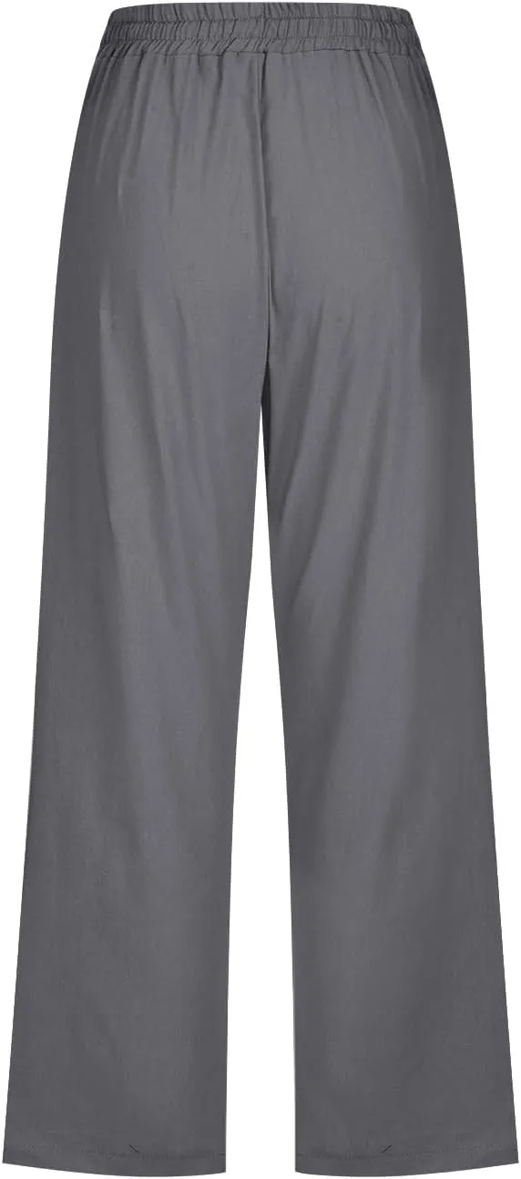 Womens Capris Solid Pants Cotton Linen Casual Summer Plus Size Wide Leg Loose Drawstring Elastic Waist Cropped Trouser