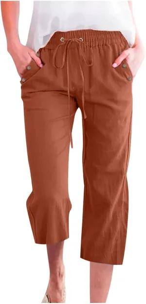 Womens Capris Solid Pants Cotton Linen Casual Summer Plus Size Wide Leg Loose Drawstring Elastic Waist Cropped Trouser