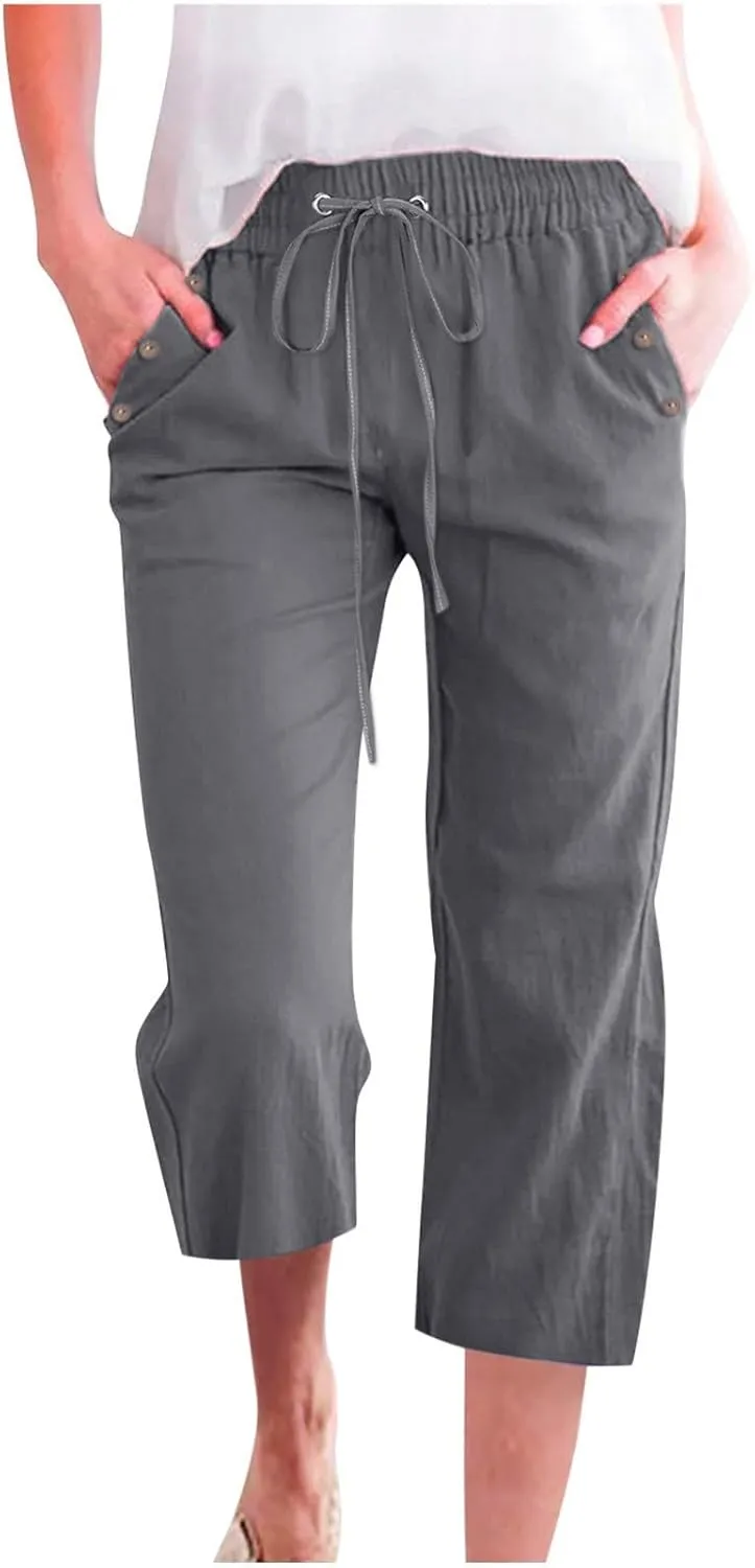Womens Capris Solid Pants Cotton Linen Casual Summer Plus Size Wide Leg Loose Drawstring Elastic Waist Cropped Trouser