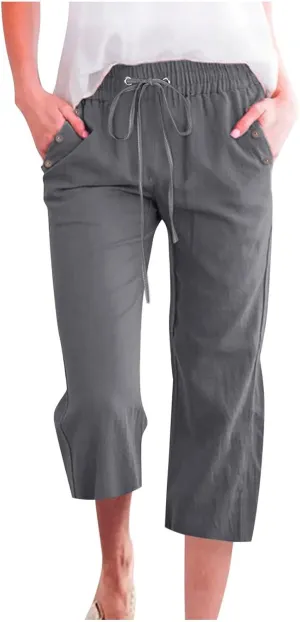 Womens Capris Solid Pants Cotton Linen Casual Summer Plus Size Wide Leg Loose Drawstring Elastic Waist Cropped Trouser