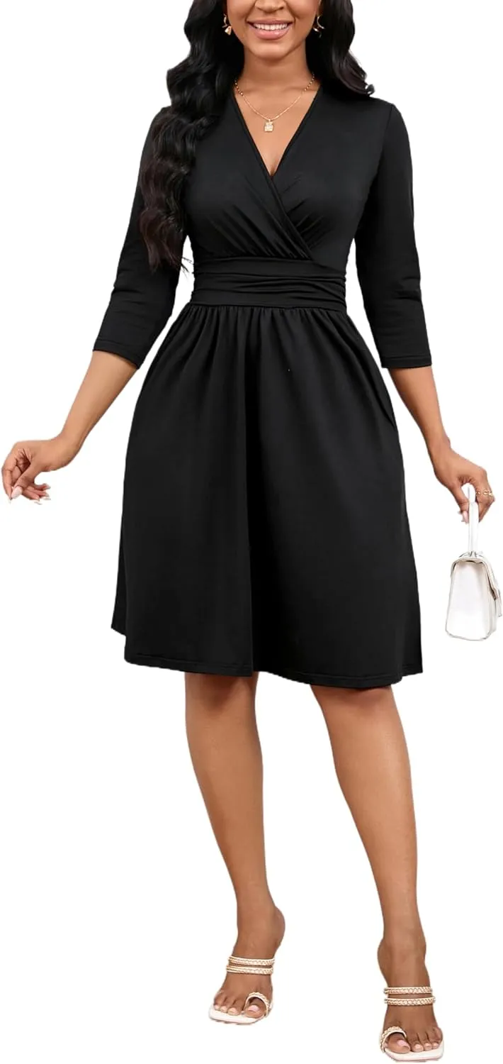 Women's Casual 3/4 Sleeve V-Neck A-Line Dress Cocktail Church Flare Swing Semi Formal Midi Fall Dresses with Pockets