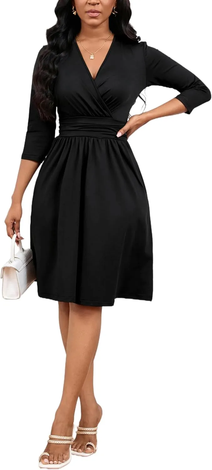 Women's Casual 3/4 Sleeve V-Neck A-Line Dress Cocktail Church Flare Swing Semi Formal Midi Fall Dresses with Pockets