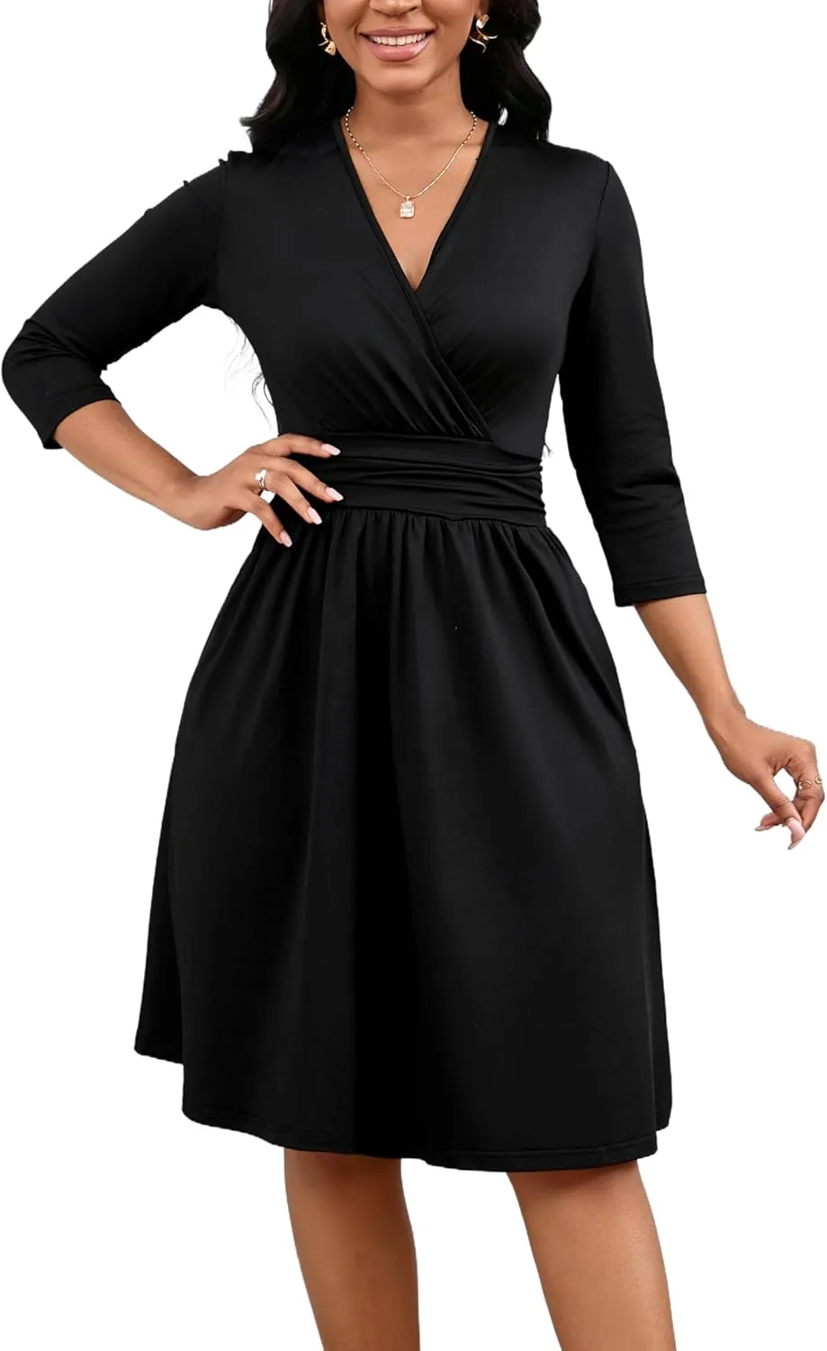 Women's Casual 3/4 Sleeve V-Neck A-Line Dress Cocktail Church Flare Swing Semi Formal Midi Fall Dresses with Pockets