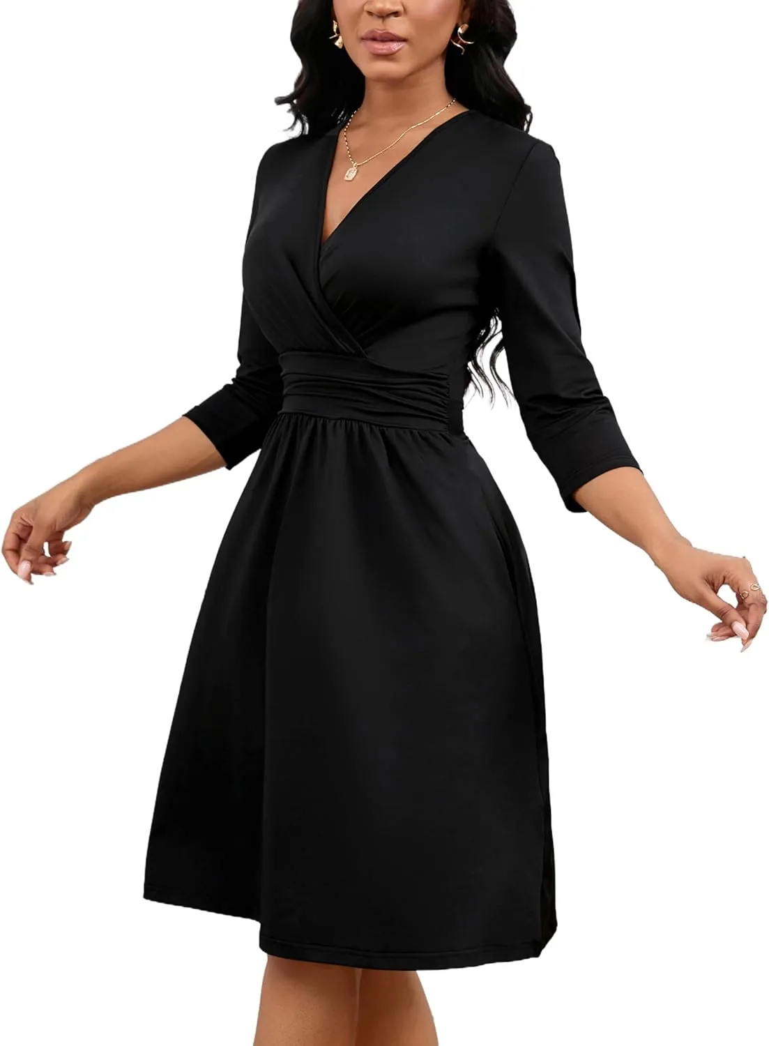 Women's Casual 3/4 Sleeve V-Neck A-Line Dress Cocktail Church Flare Swing Semi Formal Midi Fall Dresses with Pockets
