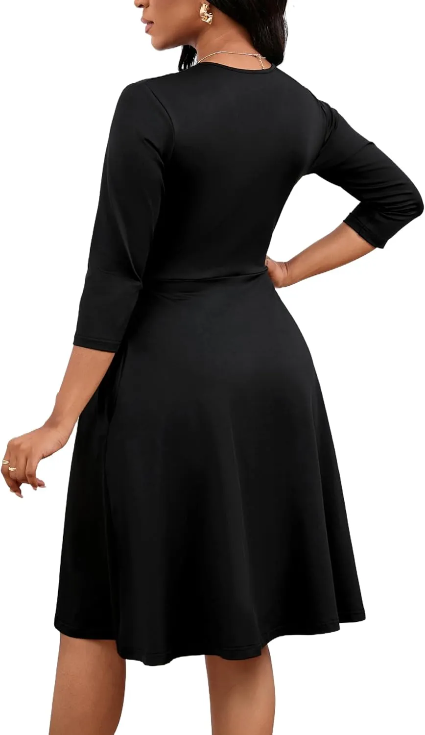 Women's Casual 3/4 Sleeve V-Neck A-Line Dress Cocktail Church Flare Swing Semi Formal Midi Fall Dresses with Pockets