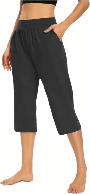 Women's Casual Capri Pants Summer Loose Yoga Pants Comfy Workout Pants High Waist Capri Trousers with Pockets