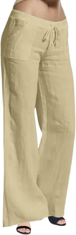 Women's Casual Cotton Linen Pants Summer Plus Size Elastic Waist Wide Leg Comfy Solid Lounge Trouser with Pockets