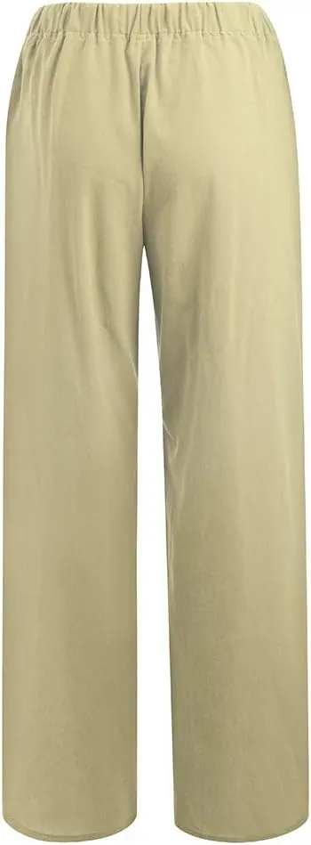 Women's Casual Cotton Linen Pants Summer Plus Size Elastic Waist Wide Leg Comfy Solid Lounge Trouser with Pockets