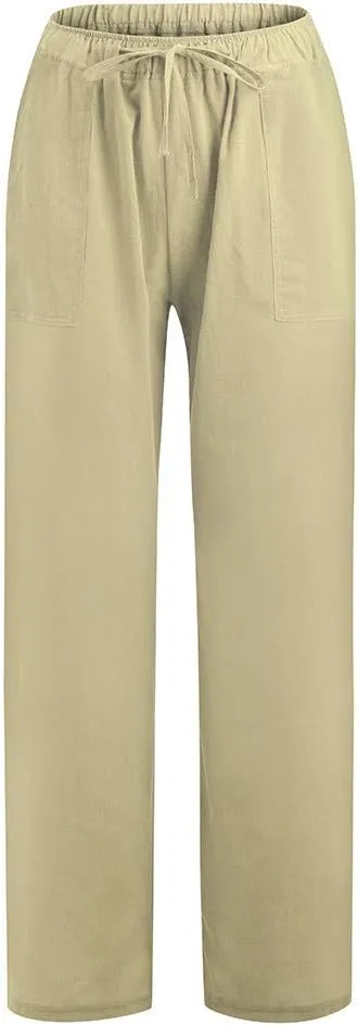Women's Casual Cotton Linen Pants Summer Plus Size Elastic Waist Wide Leg Comfy Solid Lounge Trouser with Pockets