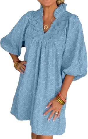 Women's Casual Embroidered Ruffle Puff Sleeve Tunic Dress Summer Loose Boho Lace A Line Vacation Mini Dress