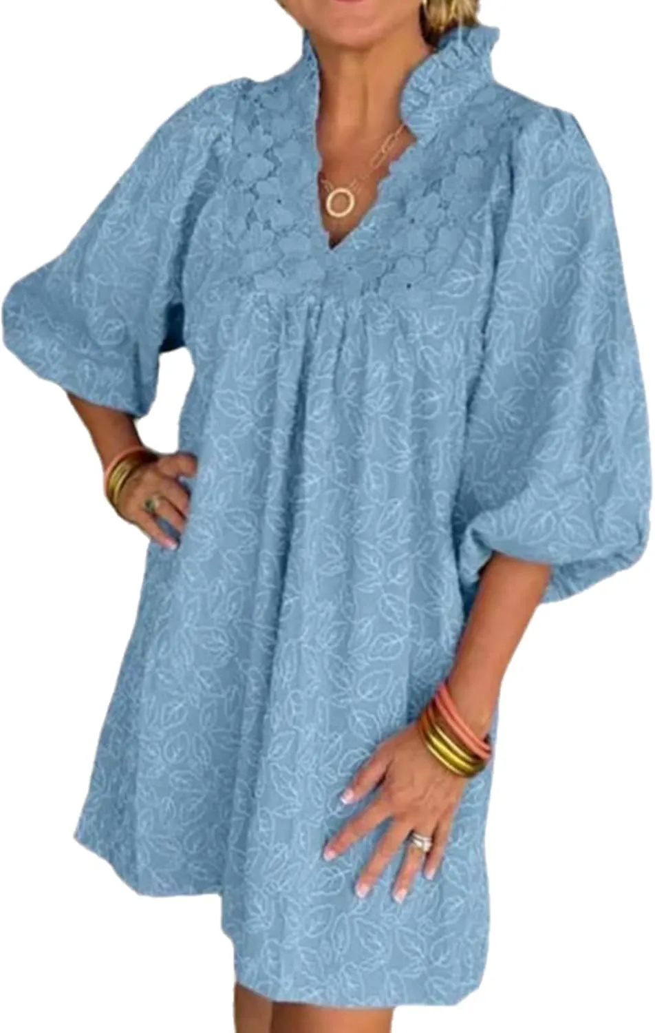 Women's Casual Embroidered Ruffle Puff Sleeve Tunic Dress Summer Loose Boho Lace A Line Vacation Mini Dress