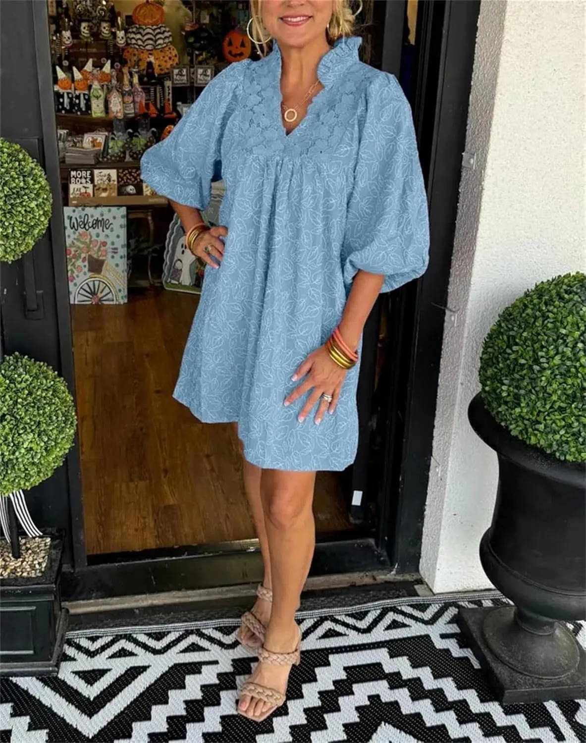 Women's Casual Embroidered Ruffle Puff Sleeve Tunic Dress Summer Loose Boho Lace A Line Vacation Mini Dress