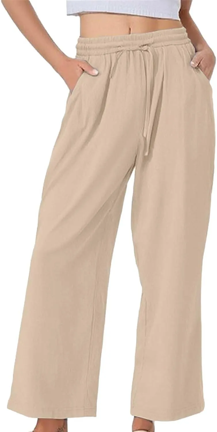 Womens Casual Linen High Waist Pants Summer Solid Color Palazzo Pants Flowy Flowy Wide Leg Beach with Pockets