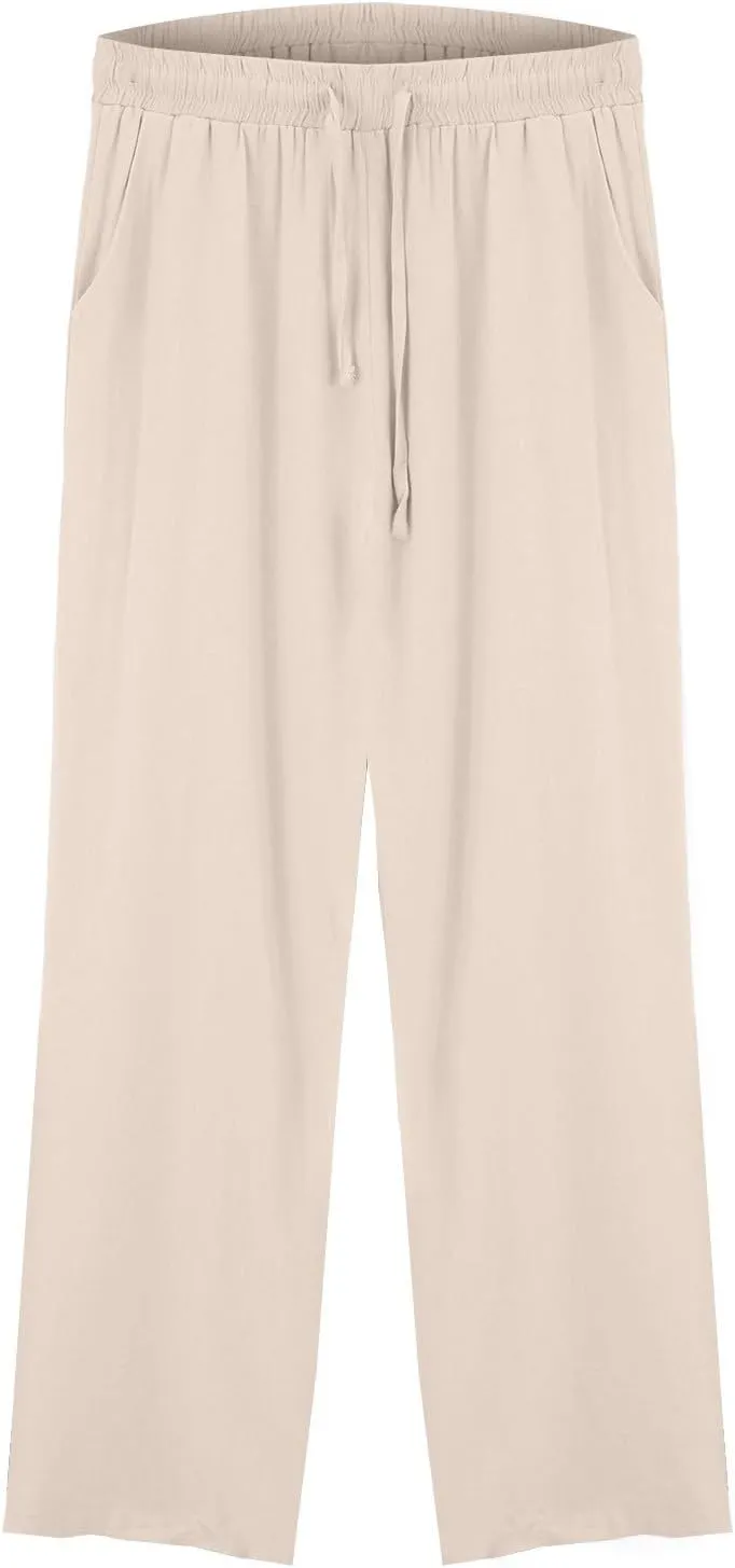 Womens Casual Linen High Waist Pants Summer Solid Color Palazzo Pants Flowy Flowy Wide Leg Beach with Pockets