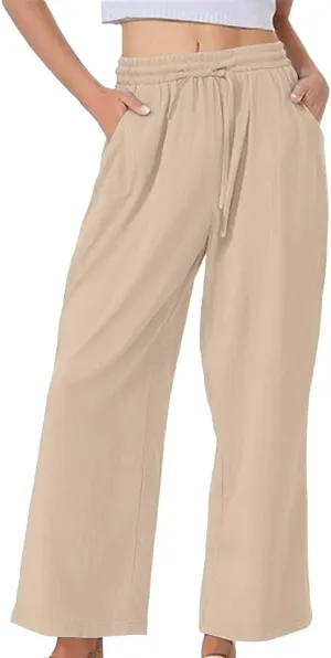 Womens Casual Linen High Waist Pants Summer Solid Color Palazzo Pants Flowy Flowy Wide Leg Beach with Pockets