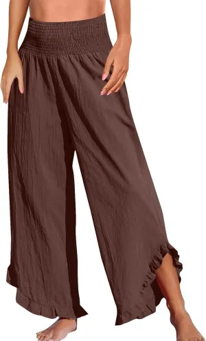 Womens Casual Linen Pants Drawstring Elastic Waist Wide Leg Loose Fit Trousers Beach Vacation Outfits