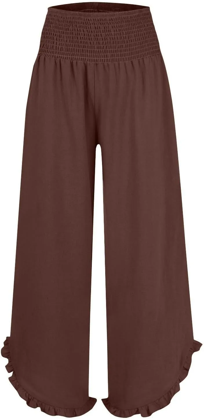 Womens Casual Linen Pants Drawstring Elastic Waist Wide Leg Loose Fit Trousers Beach Vacation Outfits