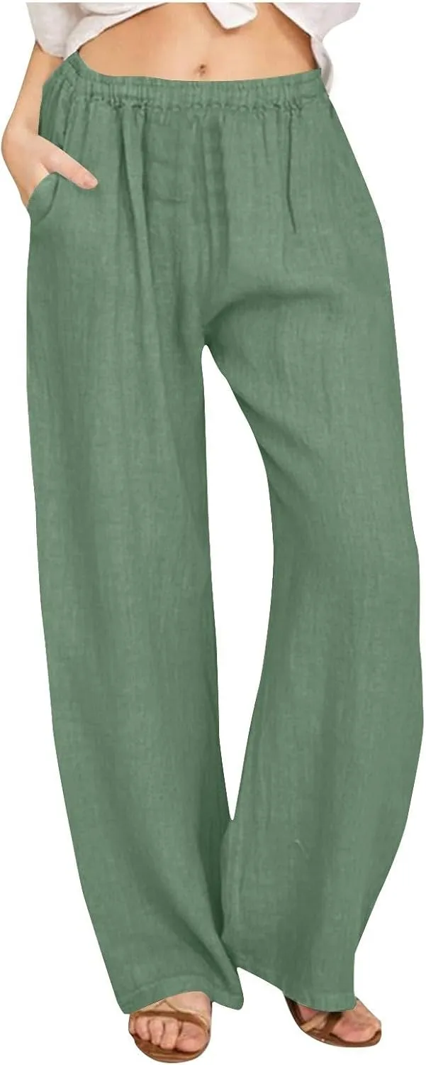 Women's Casual Linen Pants Elastic Waist Trousers Solid Pants Summer Beach Trousers Travel Outfits with 4 Pockets