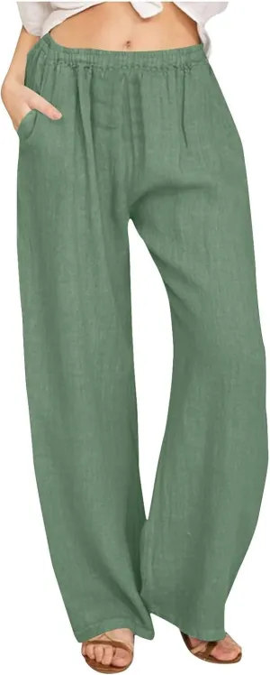 Women's Casual Linen Pants Elastic Waist Trousers Solid Pants Summer Beach Trousers Travel Outfits with 4 Pockets