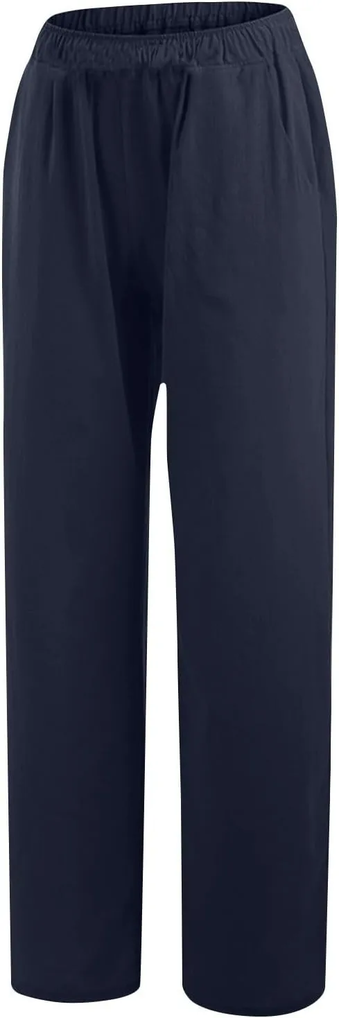 Women's Casual Linen Pants Elastic Waist Trousers Solid Pants Summer Beach Trousers Travel Outfits with 4 Pockets