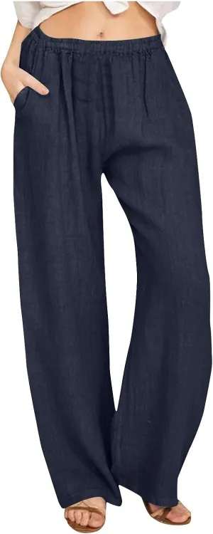 Women's Casual Linen Pants Elastic Waist Trousers Solid Pants Summer Beach Trousers Travel Outfits with 4 Pockets