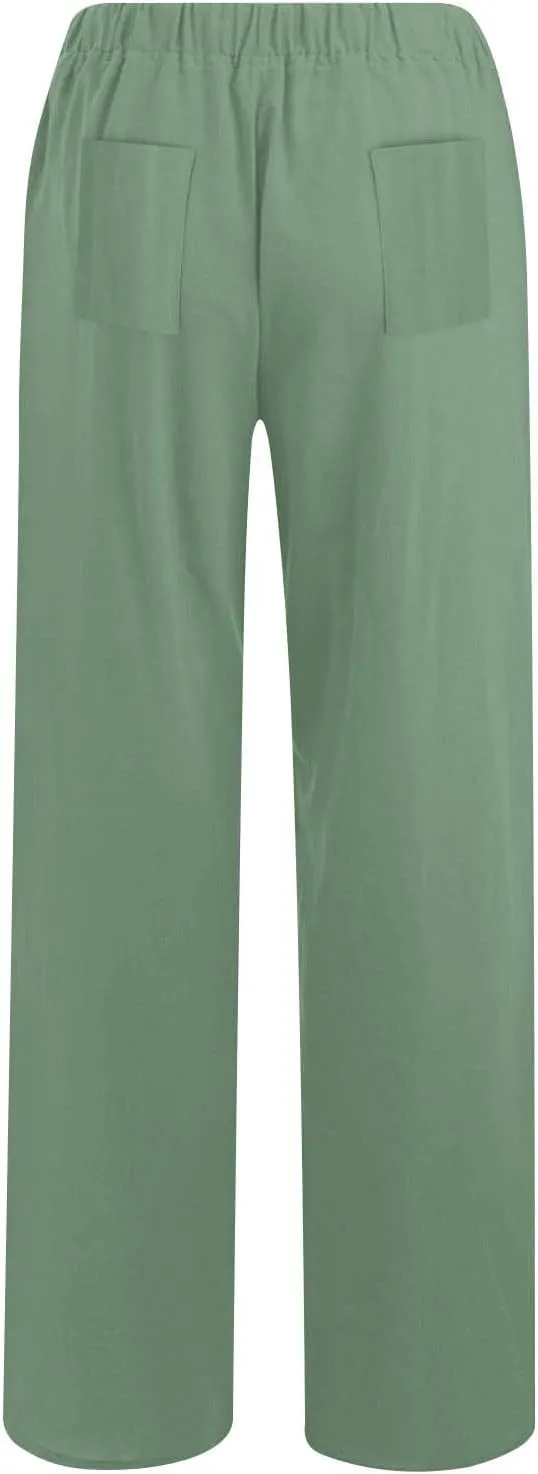 Women's Casual Linen Pants Elastic Waist Trousers Solid Pants Summer Beach Trousers Travel Outfits with 4 Pockets