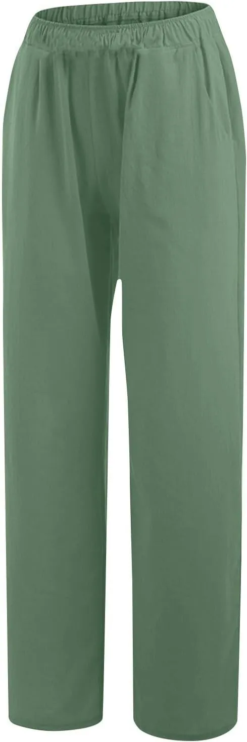 Women's Casual Linen Pants Elastic Waist Trousers Solid Pants Summer Beach Trousers Travel Outfits with 4 Pockets