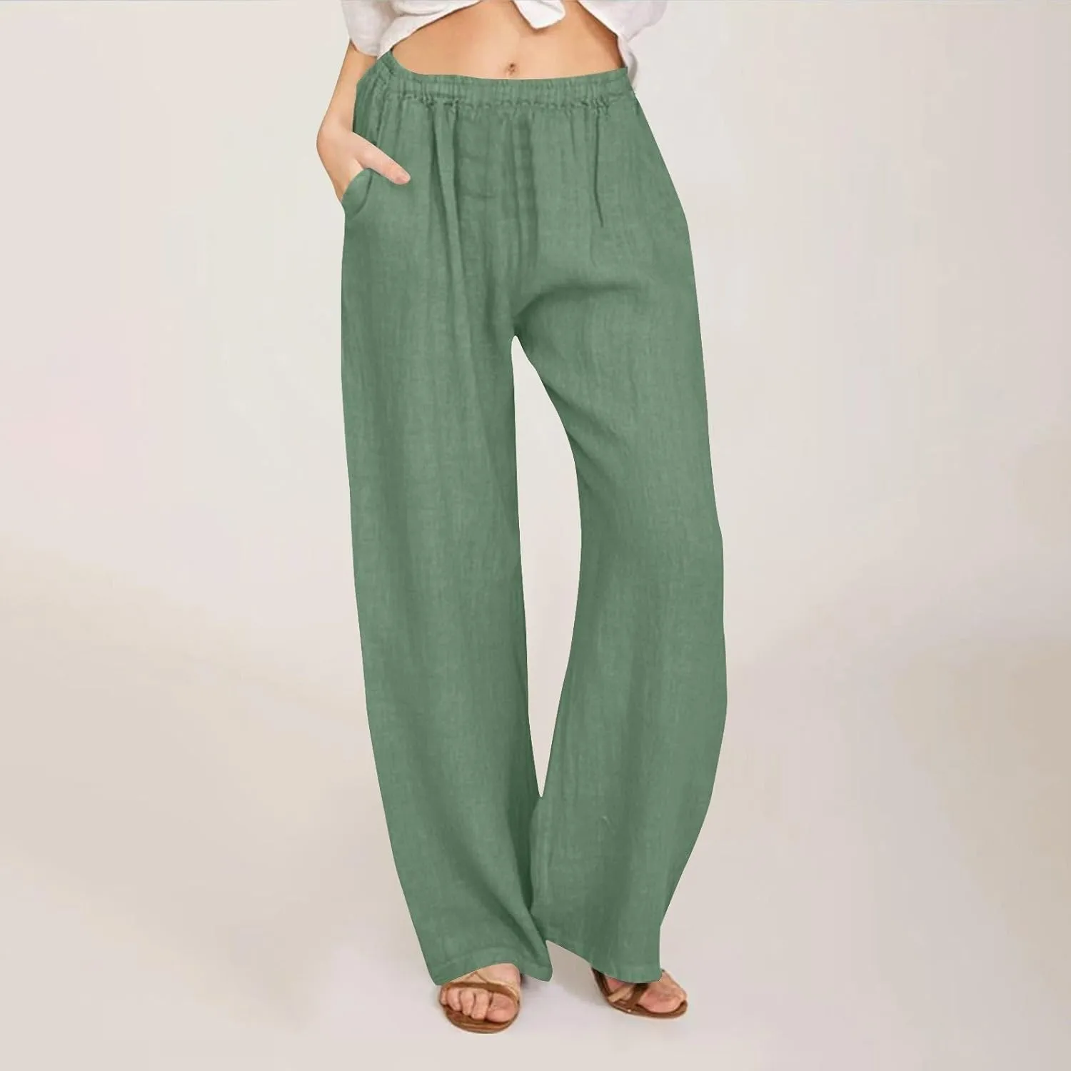 Women's Casual Linen Pants Elastic Waist Trousers Solid Pants Summer Beach Trousers Travel Outfits with 4 Pockets