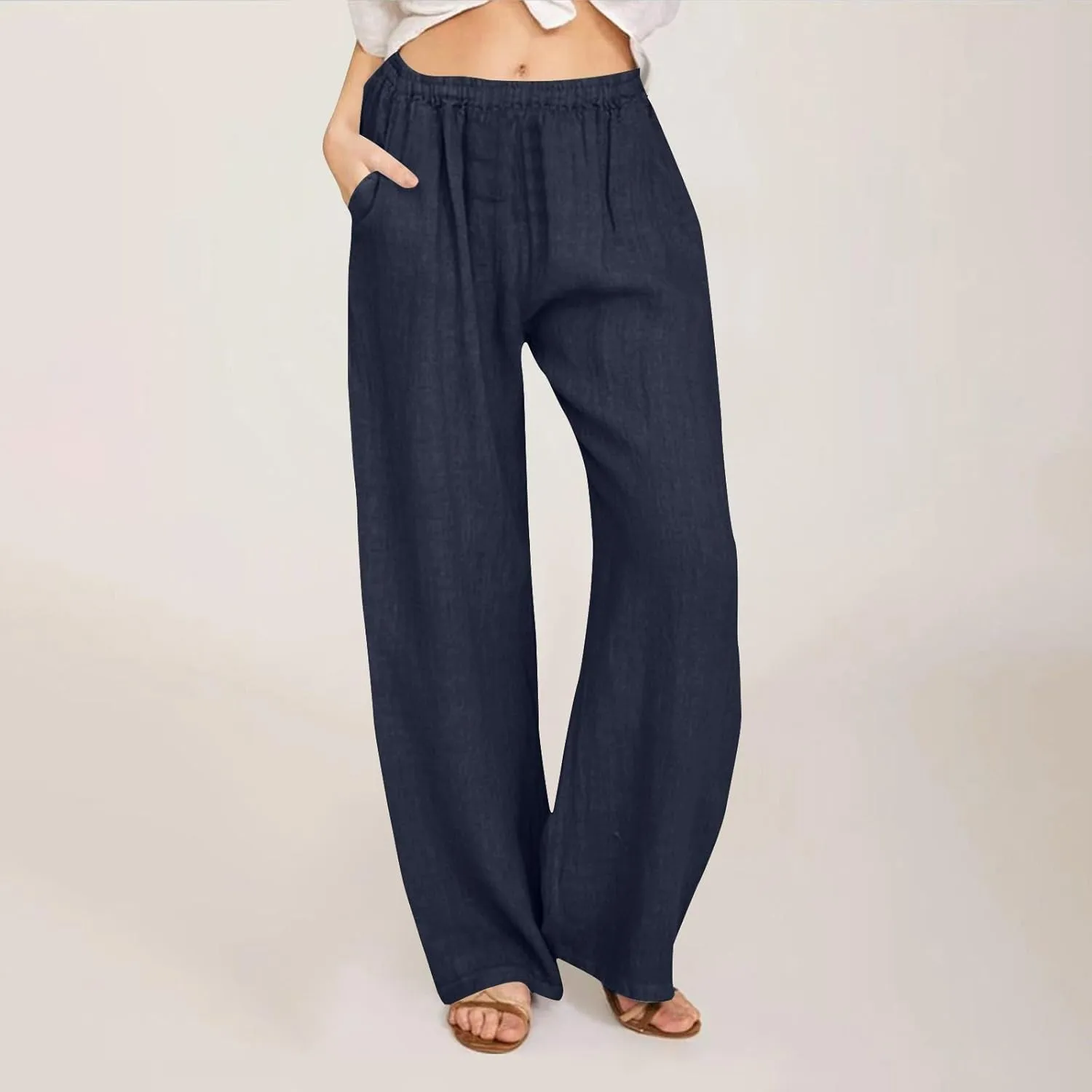 Women's Casual Linen Pants Elastic Waist Trousers Solid Pants Summer Beach Trousers Travel Outfits with 4 Pockets