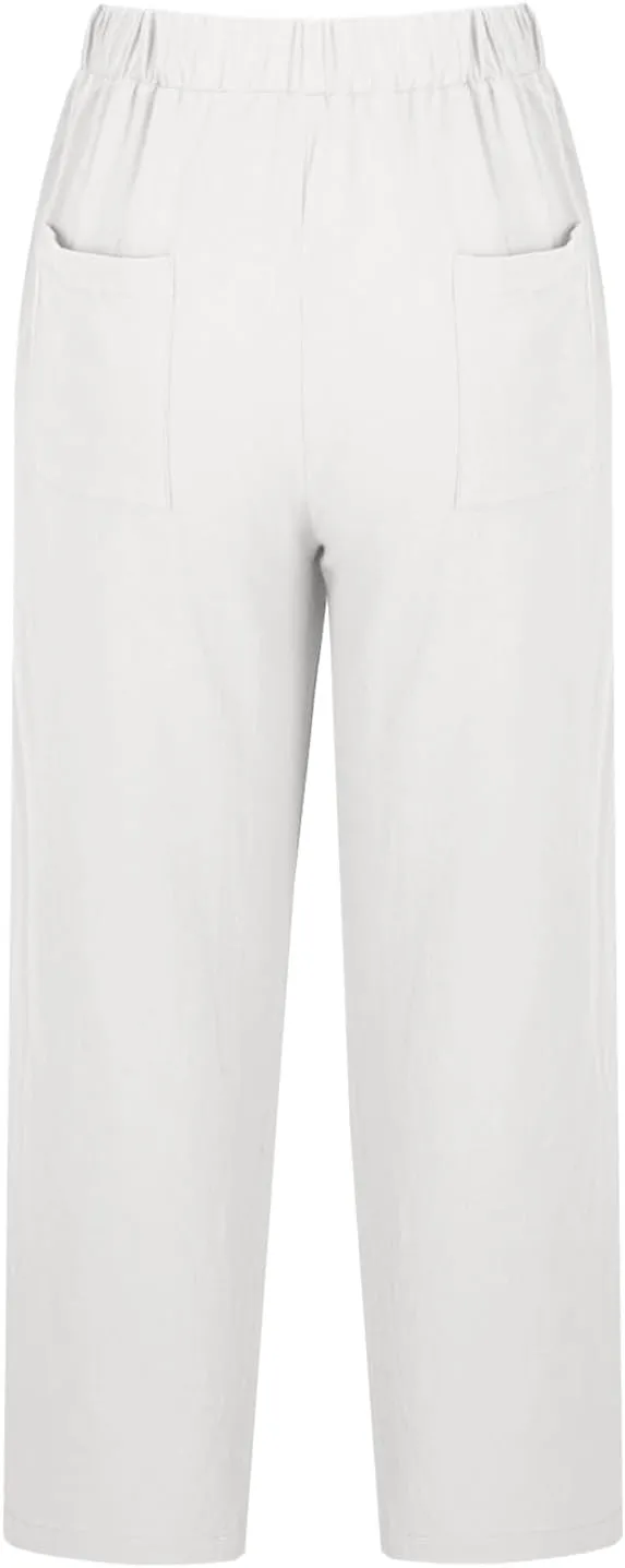 Womens Casual Linen Pants Summer Drawstring Solid Color High Waisted Pants Loose Beach Trousers with Pockets 2025