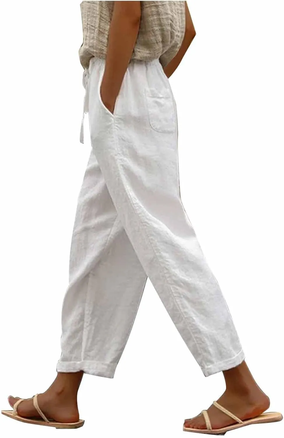 Womens Casual Linen Pants Summer Drawstring Solid Color High Waisted Pants Loose Beach Trousers with Pockets 2025