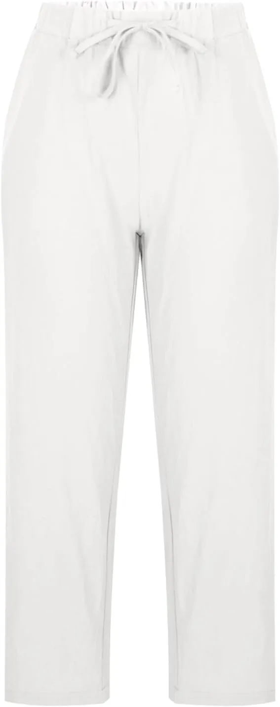 Womens Casual Linen Pants Summer Drawstring Solid Color High Waisted Pants Loose Beach Trousers with Pockets 2025