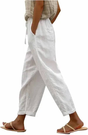 Womens Casual Linen Pants Summer Drawstring Solid Color High Waisted Pants Loose Beach Trousers with Pockets 2025