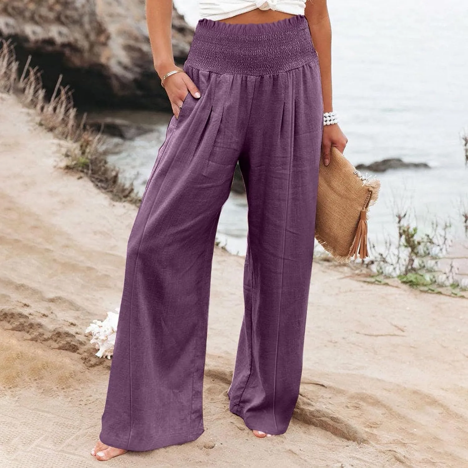 Women's Casual Pants Linen Womens Clothing Pants Wide Leg Long Pant Trousers with Pocket Linen Blend Pants Linen Outfit