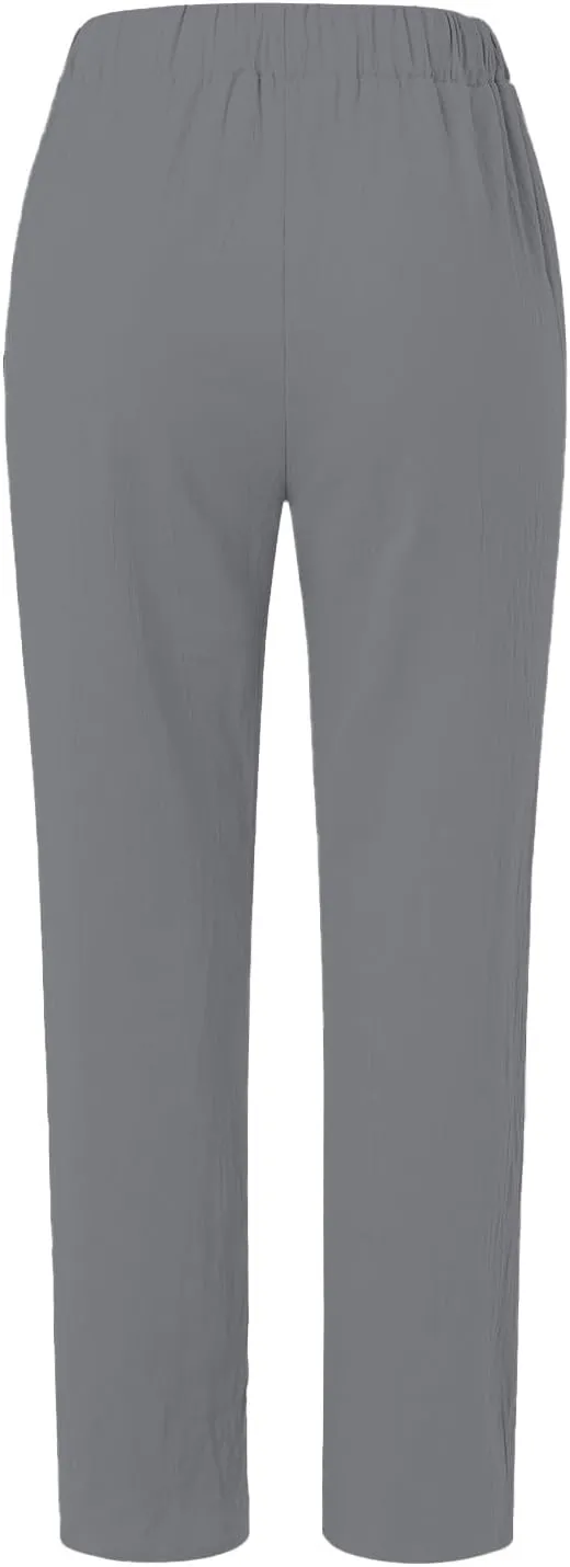 Women's Casual Pants Side Button Lightweight Drawstring Elastic Waist Pants Straight Leg Baggy Trousers with Pockets