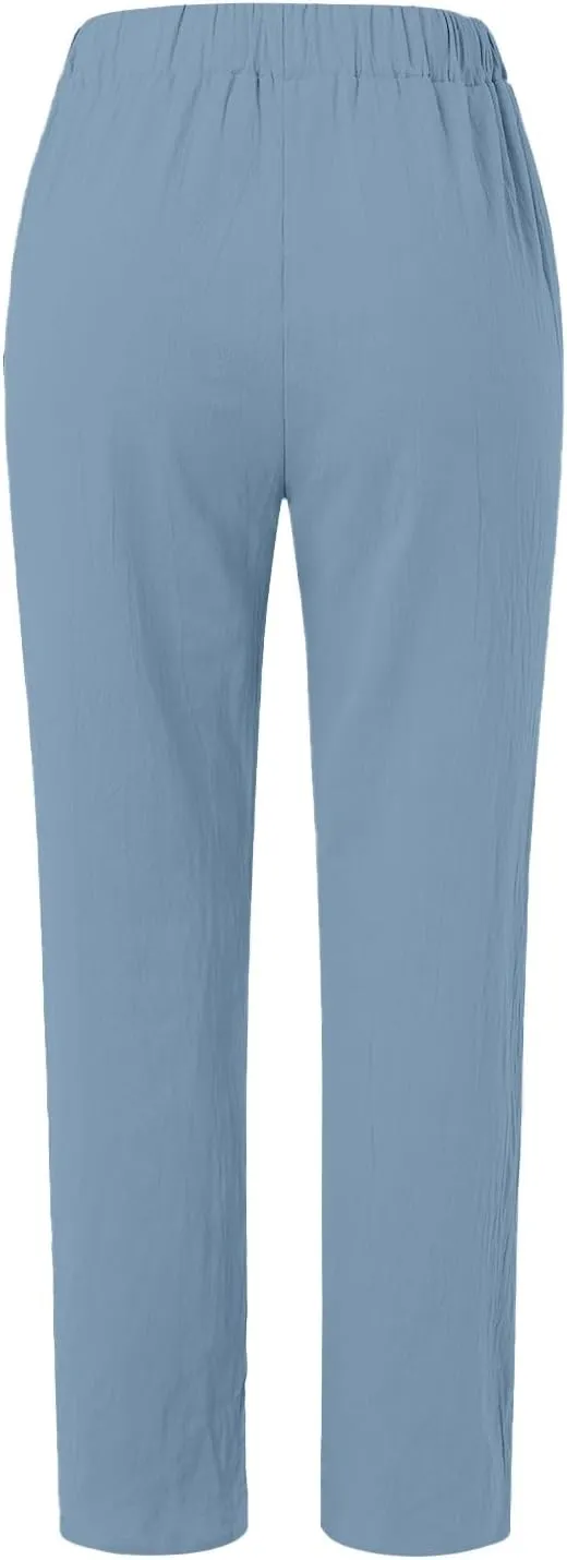 Women's Casual Pants Side Button Lightweight Drawstring Elastic Waist Pants Straight Leg Baggy Trousers with Pockets
