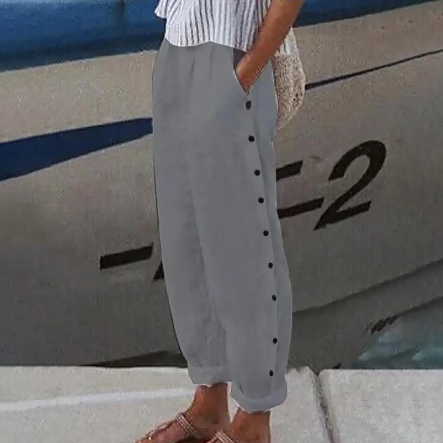 Women's Casual Pants Side Button Lightweight Drawstring Elastic Waist Pants Straight Leg Baggy Trousers with Pockets
