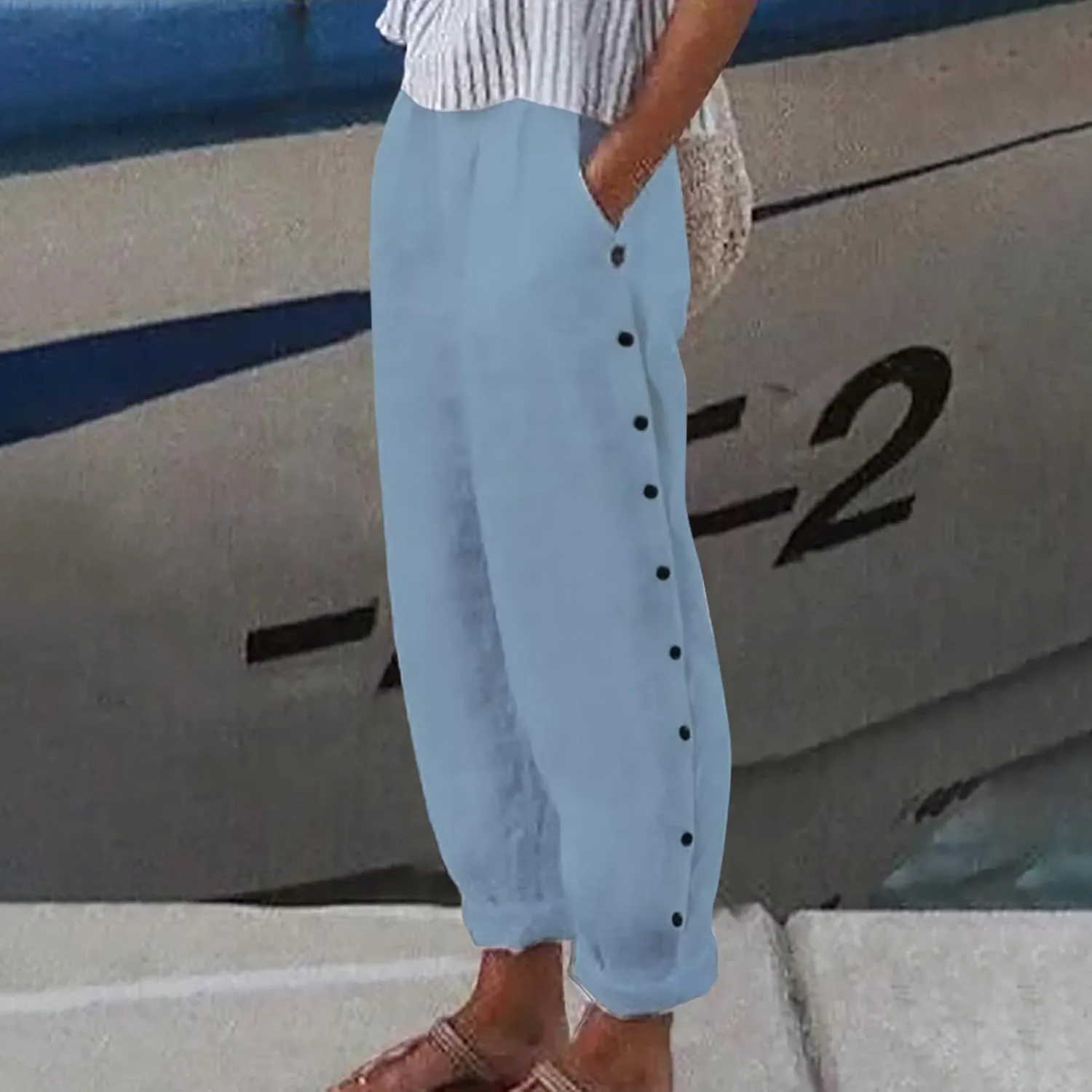 Women's Casual Pants Side Button Lightweight Drawstring Elastic Waist Pants Straight Leg Baggy Trousers with Pockets